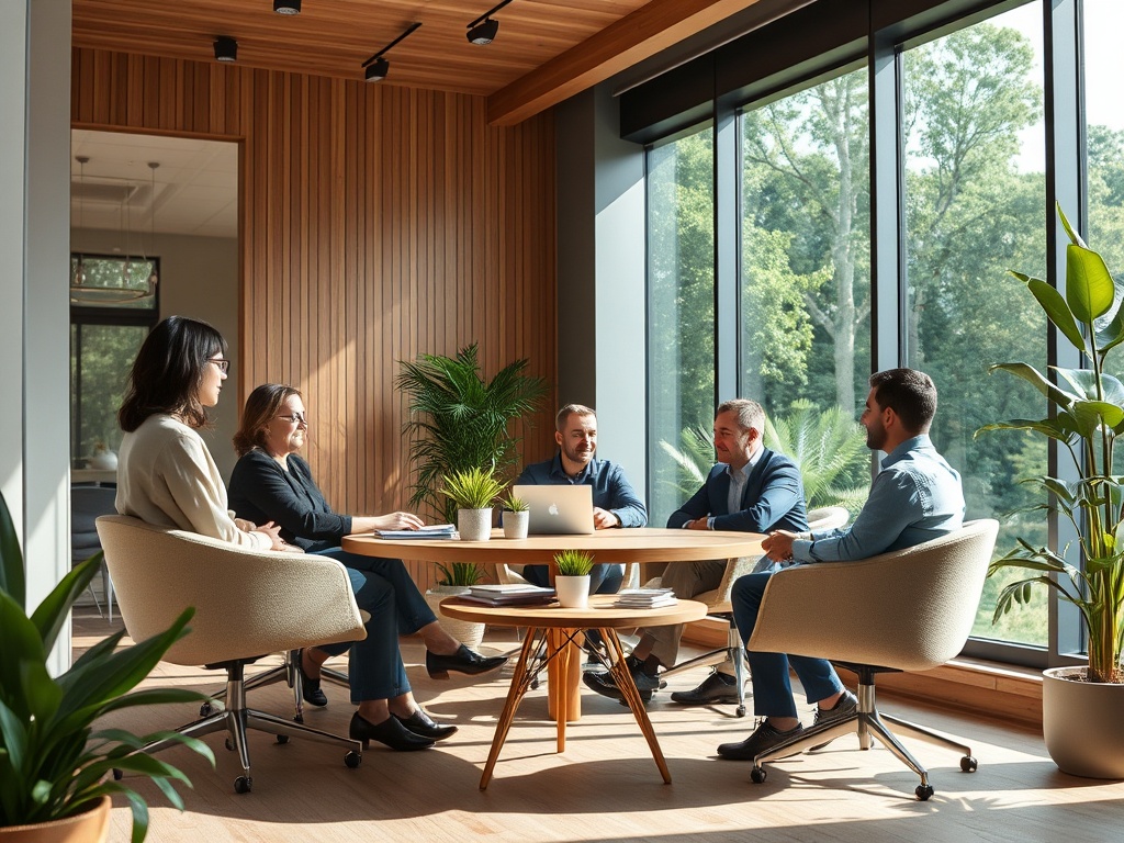 Группа людей в офисе обсуждает идеи за круглым столом, окруженным зелеными растениями и ярким светом.