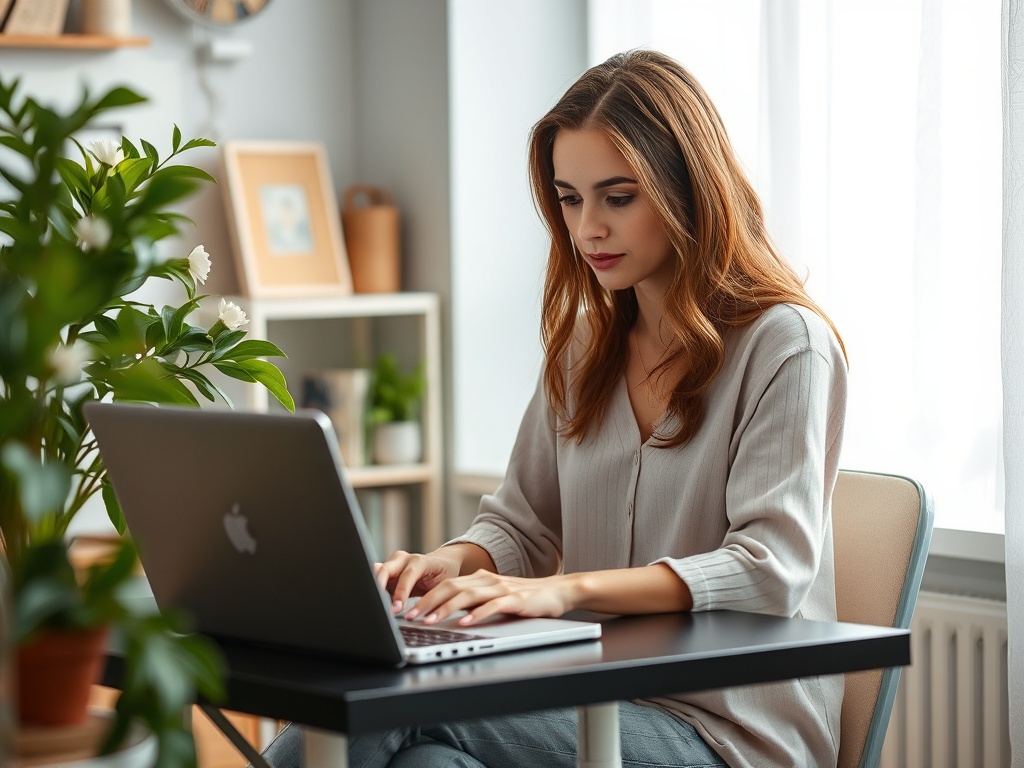 Молодая женщина сидит за столом и работает на ноутбуке, окруженная растениями в светлом интерьере.