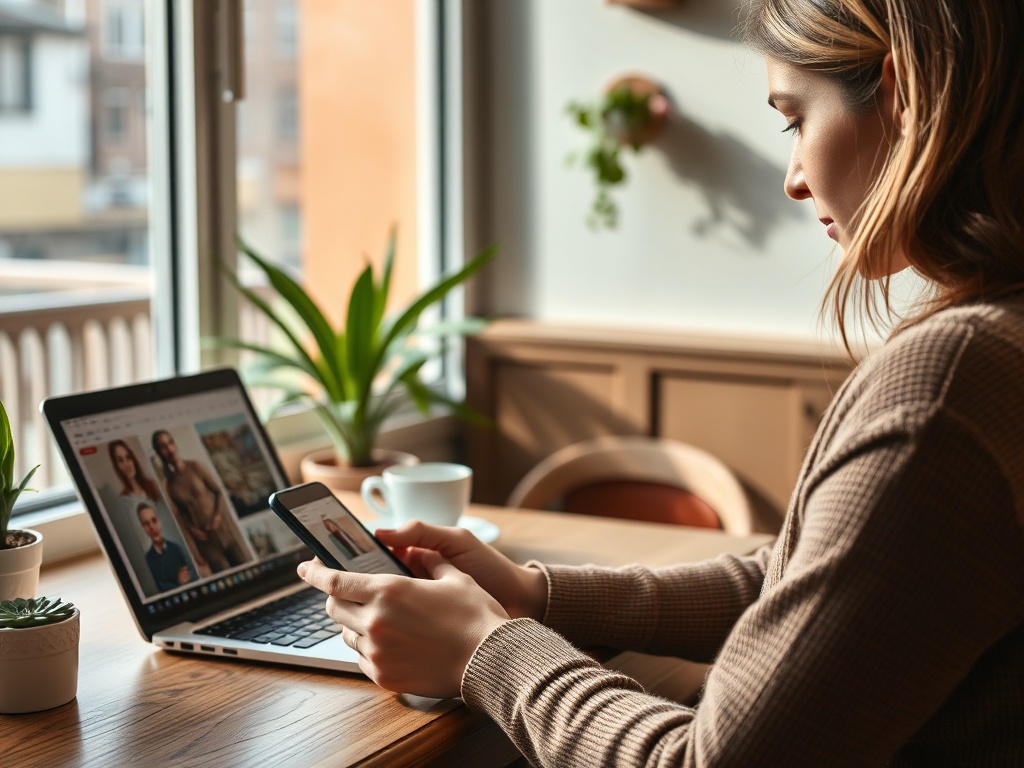 Женщина с телефоном в руках сидит за столом с ноутбуком рядом и смотрит в окно. Растения на подоконнике.