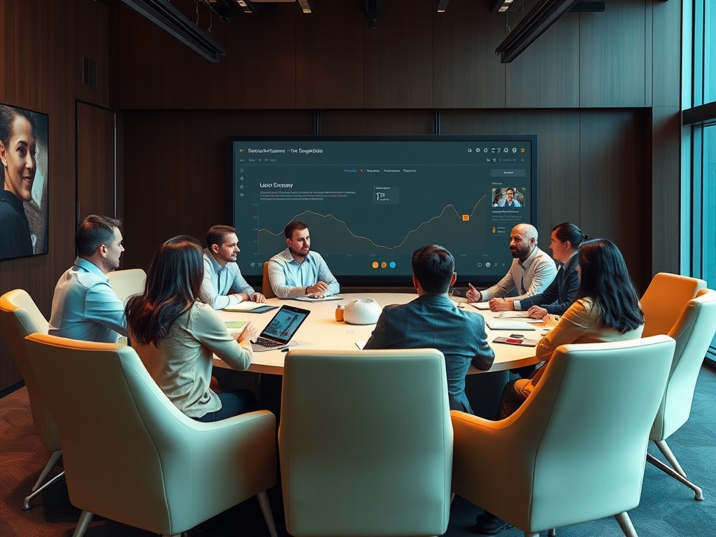 Командная встреча в современном офисе, обсуждение данных на большом экране. Участники сидят за круглым столом.