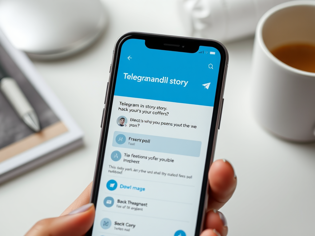 На экране смартфона открыт Telegram с историей и опросами. На столе чашка кофе.