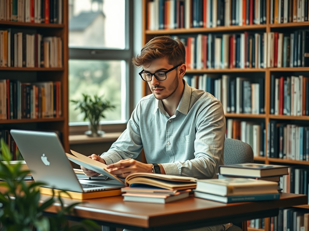 Молодой человек за столом в библиотеке изучает бумаги, рядом с ним ноутбук и стопки книг.