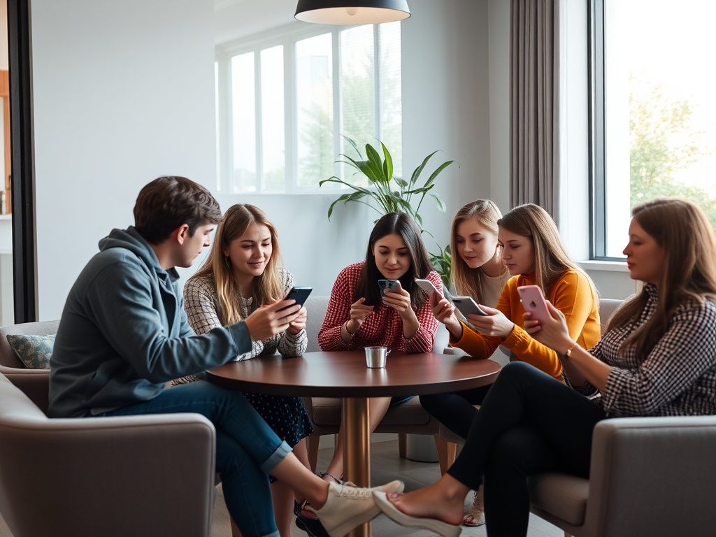 Группа молодых людей сидит за столом и использует мобильные телефоны в уютном помещении.