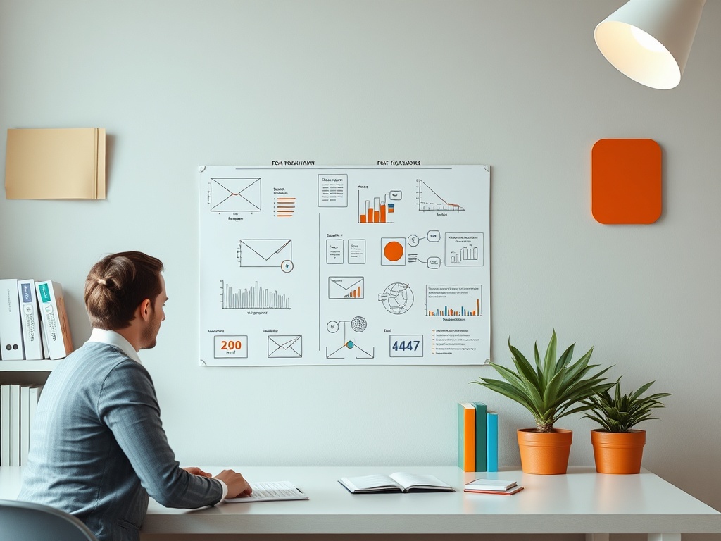 Человек сидит за столом, смотрит на инфографику на стене в офисе, окружённый растениями и книгами.