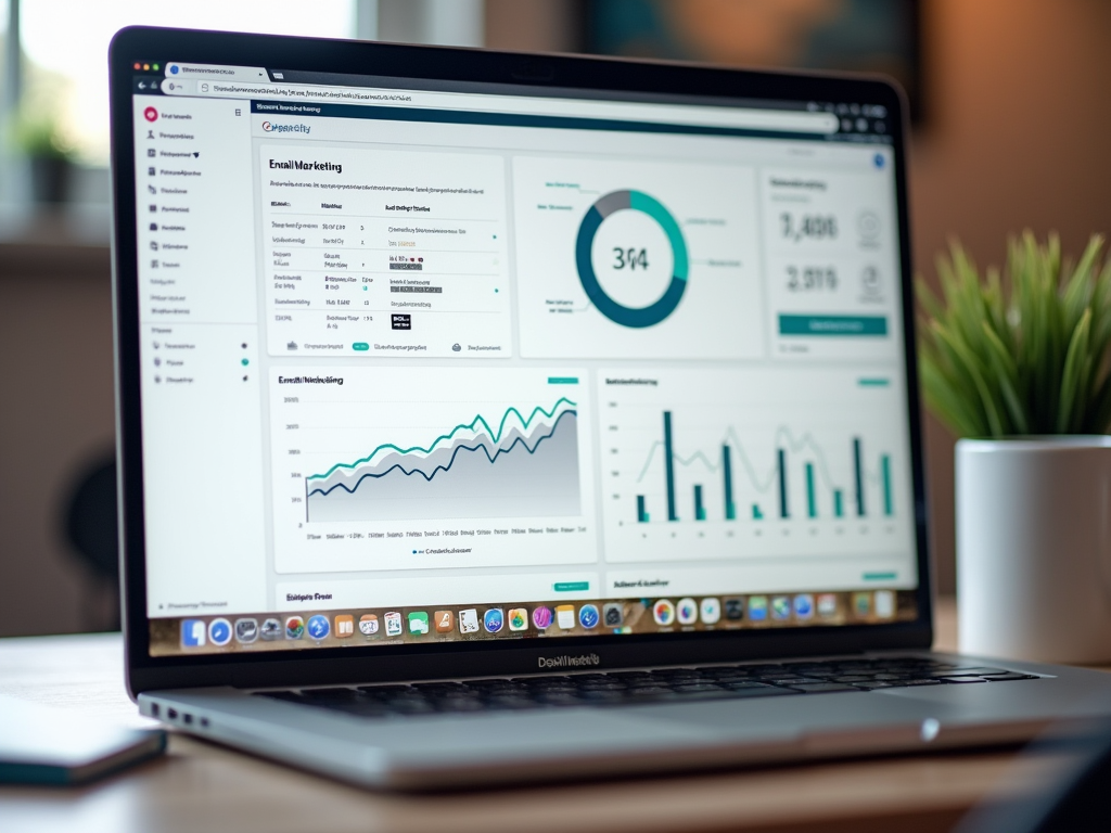 Ноутбук на столе с открытым экраном, показывающим графики и данные по email-маркетингу.