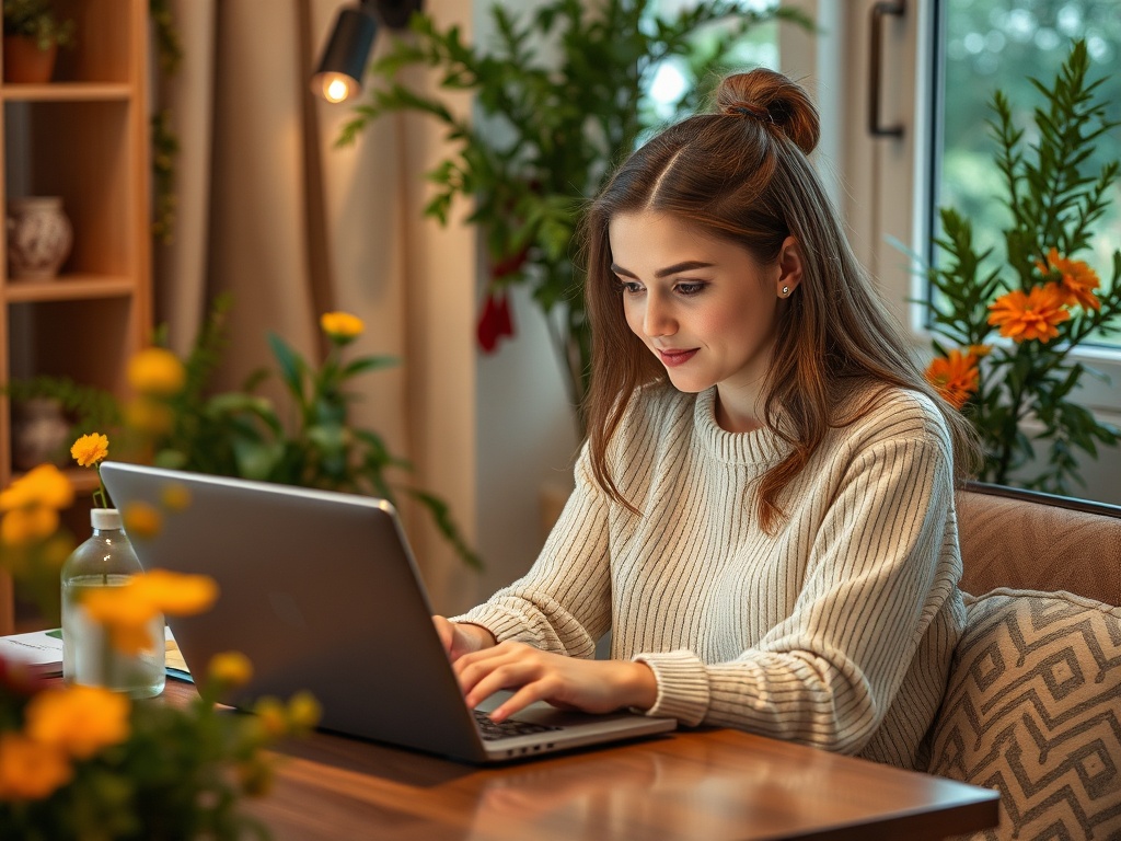 Молодая женщина сидит за столом с ноутбуком, окруженная зелеными растениями и цветами. Она внимательно работает.