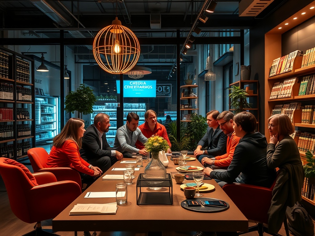 Группа людей в современном офисе обсуждают идеи за столом, рядом растения и книги. Уютная атмосфера.