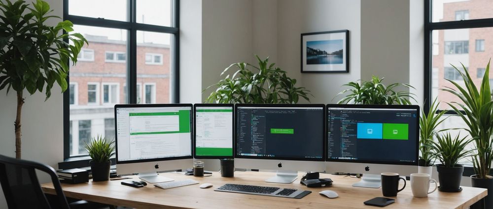 Светлый офис с 4 мониторами Apple, растениями, столом и кружками кофе.